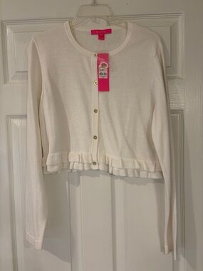 Lilly Pulitzer White Ruffle Hem Cropped Cardigan